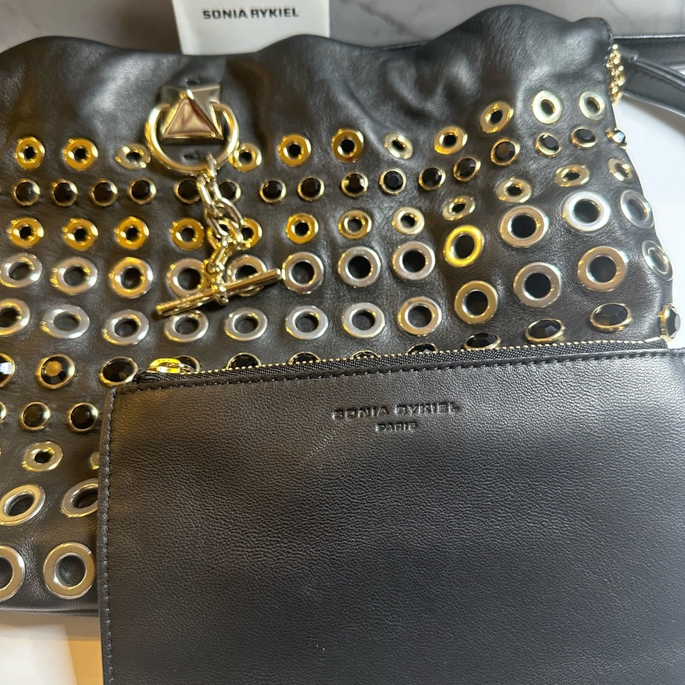 Sonia Rykiel Black Leather Grommet Studded Shoulder Bag Gold Chain Y2K
